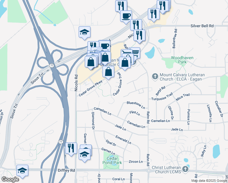 map of restaurants, bars, coffee shops, grocery stores, and more near 2169 Cedar Grove Trail in Eagan