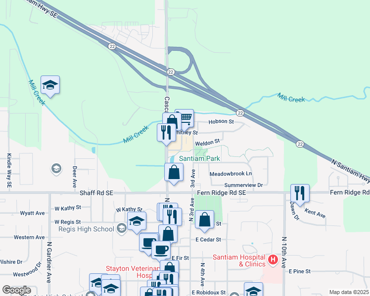 map of restaurants, bars, coffee shops, grocery stores, and more near 2340 Martin Drive in Stayton
