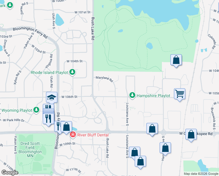 map of restaurants, bars, coffee shops, grocery stores, and more near 10550 Maryland Circle in Bloomington