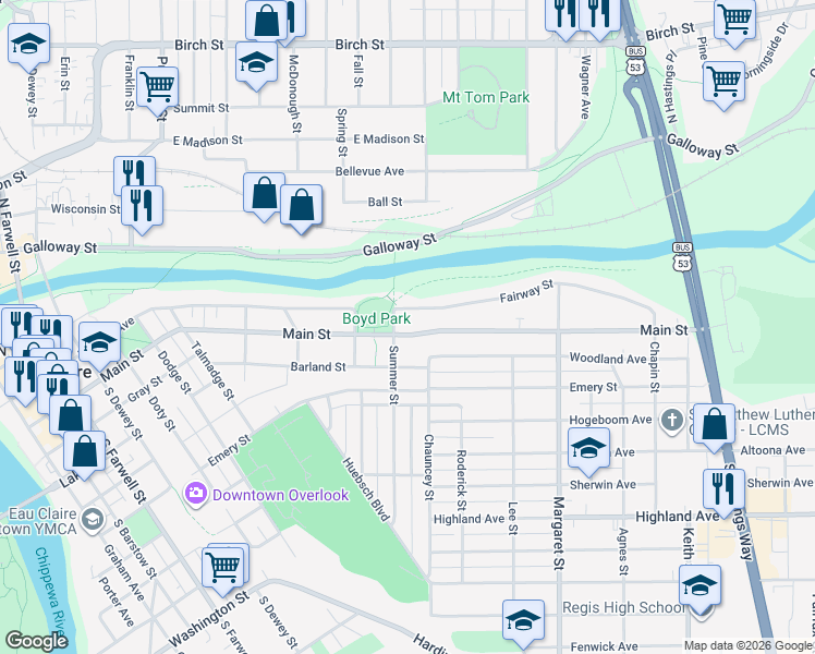 map of restaurants, bars, coffee shops, grocery stores, and more near 1204 Main Street in Eau Claire