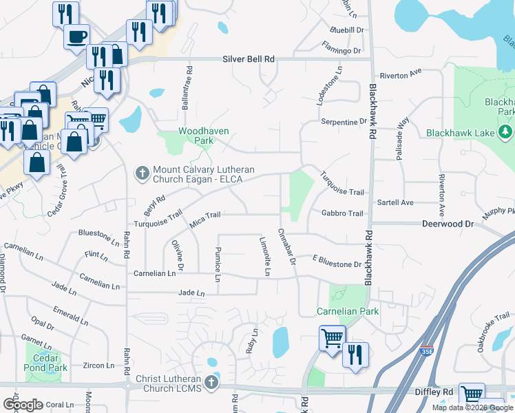 map of restaurants, bars, coffee shops, grocery stores, and more near 3919 Mica Trail in Eagan