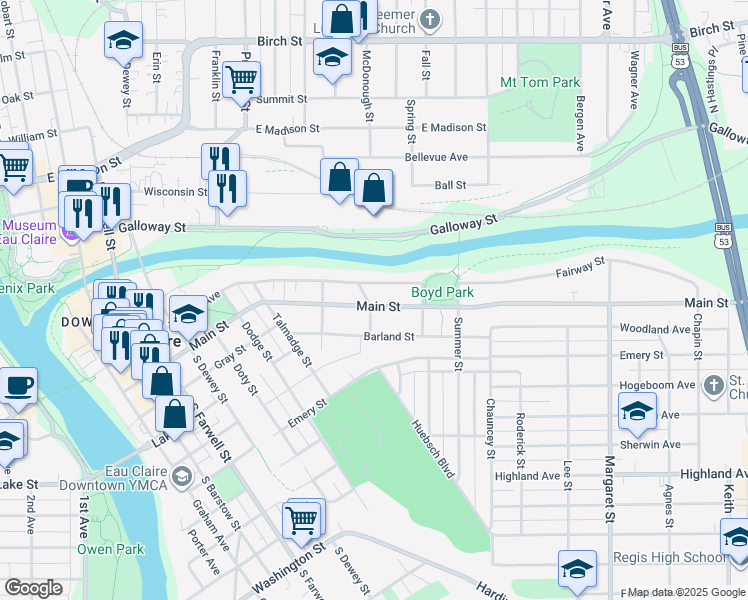 map of restaurants, bars, coffee shops, grocery stores, and more near 1016 Main Street in Eau Claire