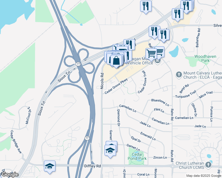 map of restaurants, bars, coffee shops, grocery stores, and more near 4019 River Valley Way in Eagan