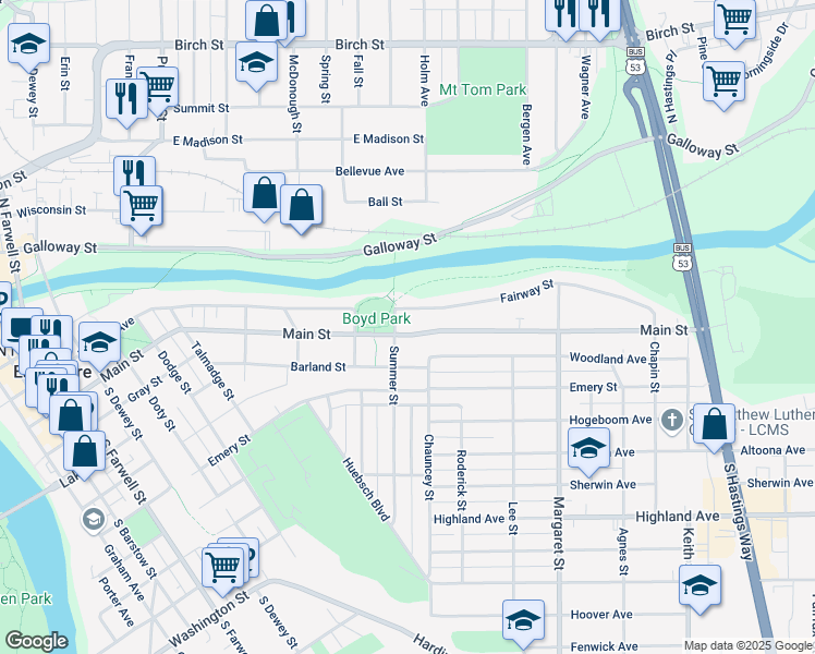 map of restaurants, bars, coffee shops, grocery stores, and more near 1204 Main Street in Eau Claire