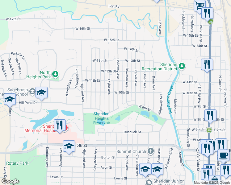 map of restaurants, bars, coffee shops, grocery stores, and more near 844 W 10th St in Sheridan