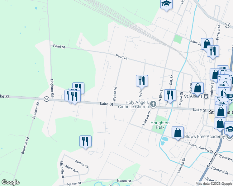 map of restaurants, bars, coffee shops, grocery stores, and more near 11 Walnut Street in Saint Albans City