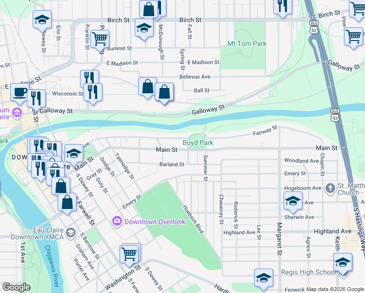 map of restaurants, bars, coffee shops, grocery stores, and more near 1044 Main Street in Eau Claire