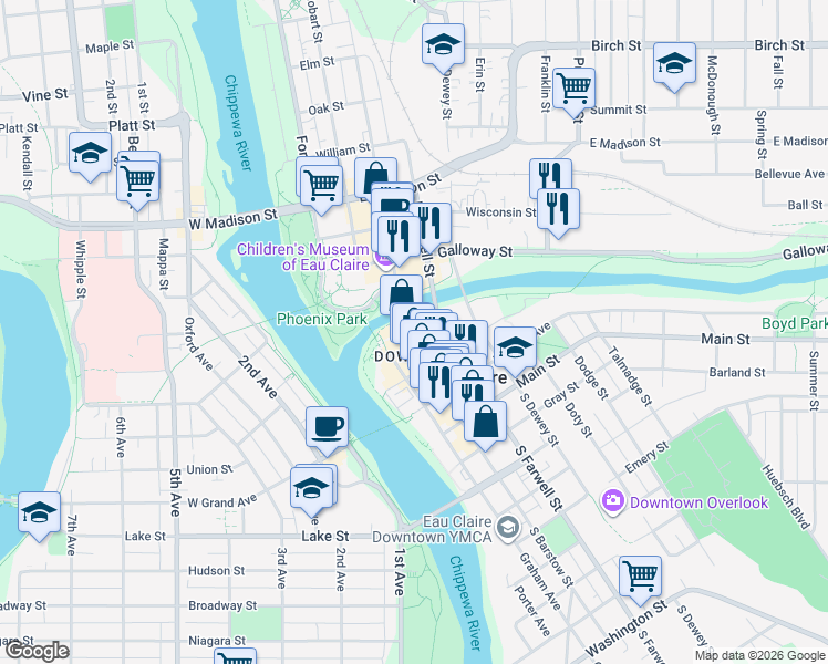 map of restaurants, bars, coffee shops, grocery stores, and more near 316 Eau Claire Street in Eau Claire