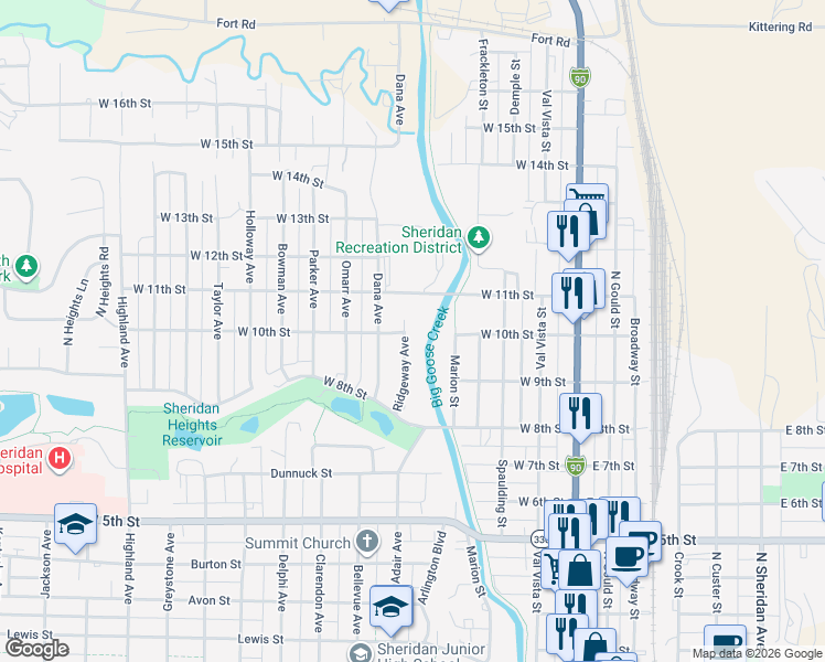 map of restaurants, bars, coffee shops, grocery stores, and more near 1401 Ridgeway Avenue in Sheridan