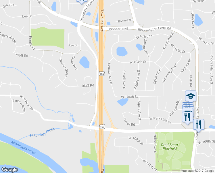 map of restaurants, bars, coffee shops, grocery stores, and more near 10520 Decatur Avenue South in Minneapolis