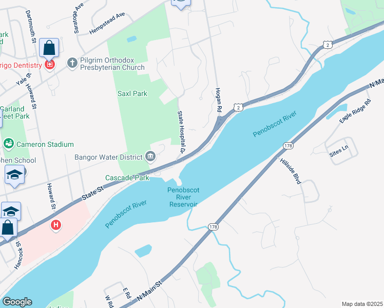 map of restaurants, bars, coffee shops, grocery stores, and more near 656 State Street in Bangor