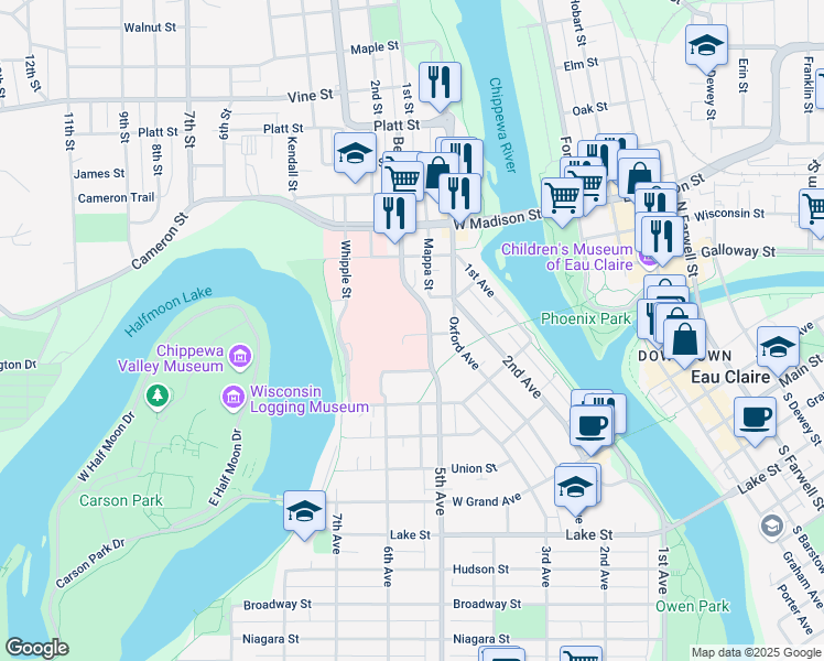 map of restaurants, bars, coffee shops, grocery stores, and more near 216 Spruce Street in Eau Claire