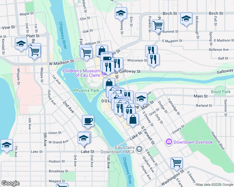 map of restaurants, bars, coffee shops, grocery stores, and more near 316 Eau Claire Street in Eau Claire