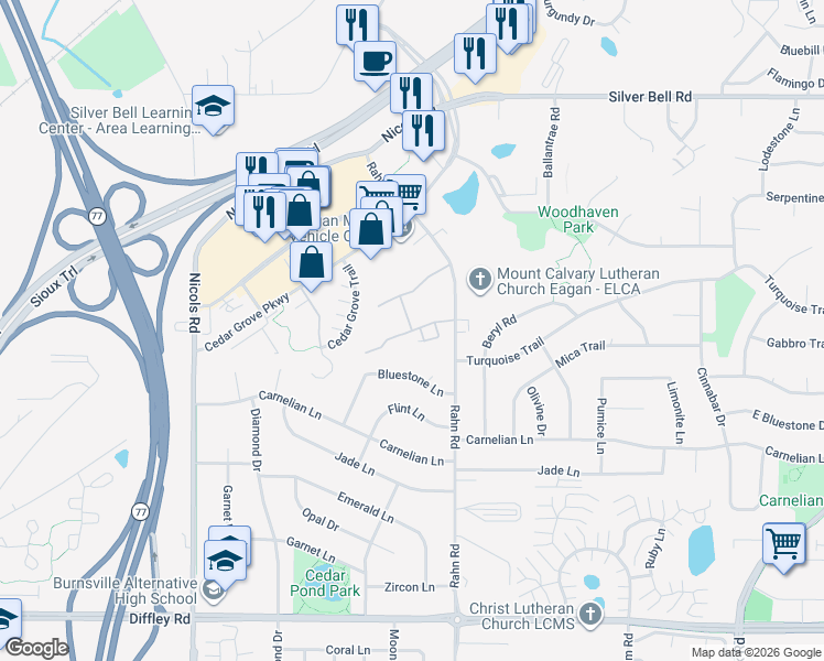 map of restaurants, bars, coffee shops, grocery stores, and more near 3901 Valley View Drive South in Eagan