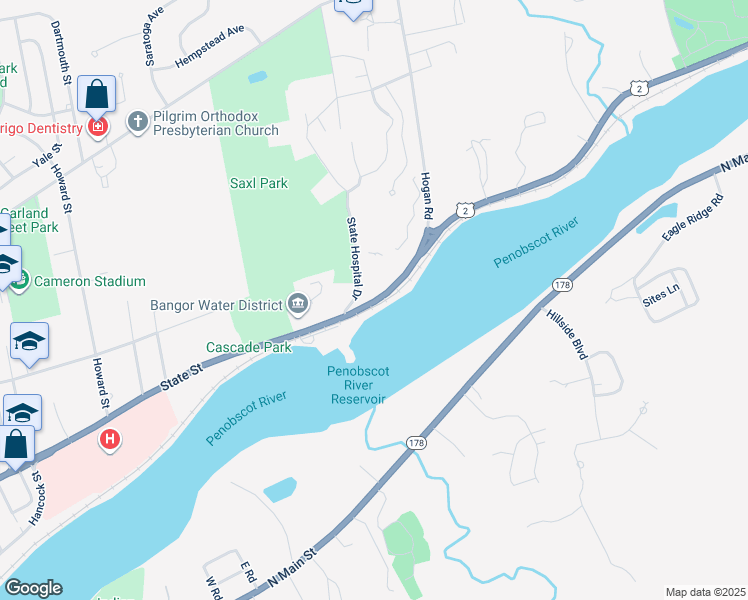 map of restaurants, bars, coffee shops, grocery stores, and more near 656 State Street in Bangor