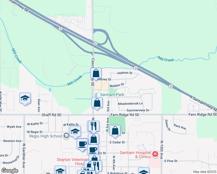 map of restaurants, bars, coffee shops, grocery stores, and more near 2250 North 3rd Avenue in Stayton