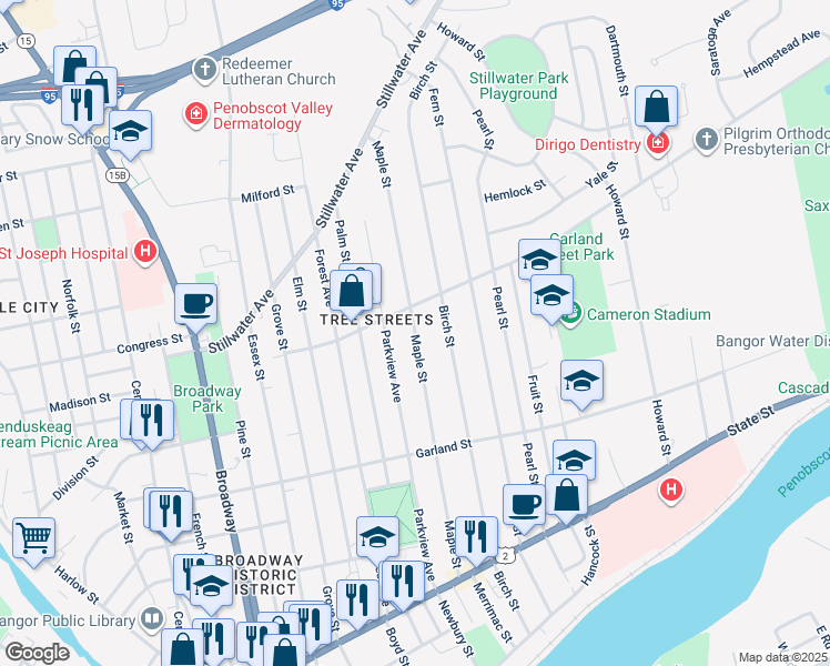 map of restaurants, bars, coffee shops, grocery stores, and more near 189 Maple Street in Bangor