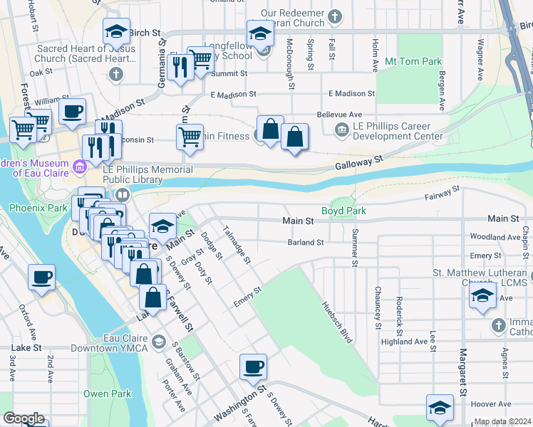 map of restaurants, bars, coffee shops, grocery stores, and more near in Eau Claire