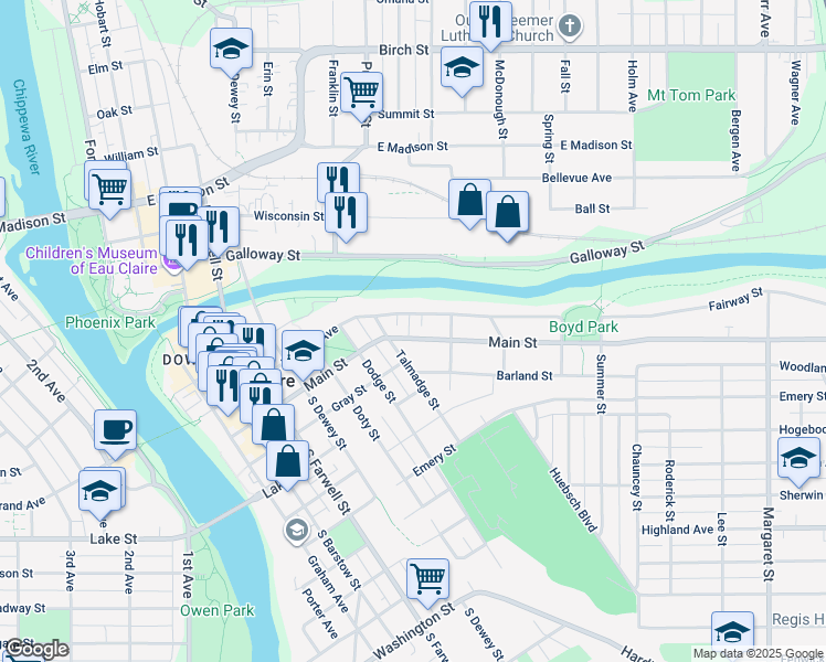 map of restaurants, bars, coffee shops, grocery stores, and more near 818 Main Street in Eau Claire