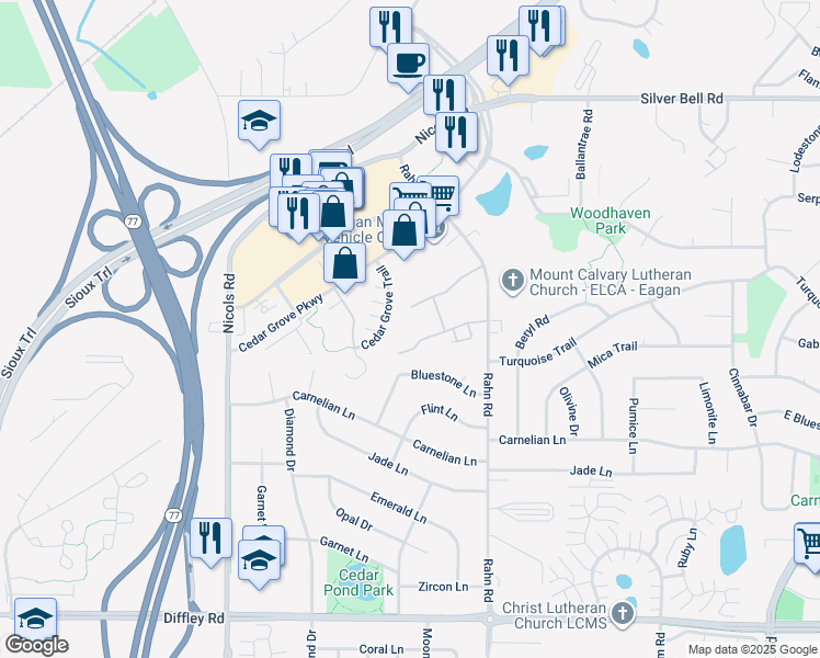 map of restaurants, bars, coffee shops, grocery stores, and more near 3947 Valley View Drive South in Eagan