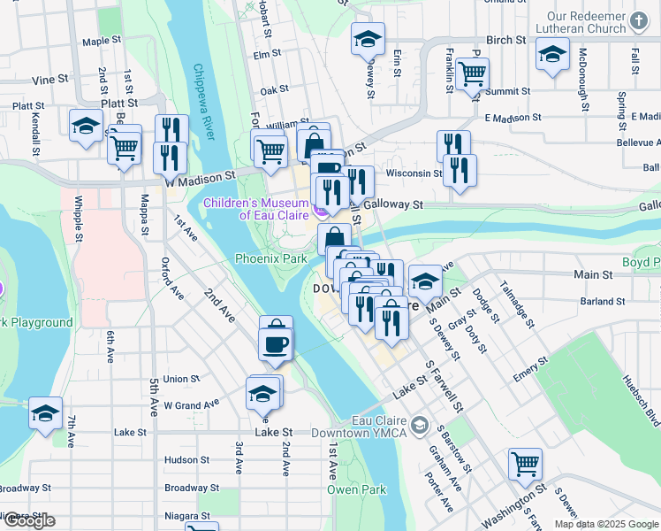 map of restaurants, bars, coffee shops, grocery stores, and more near 220 Eau Claire Street in Eau Claire