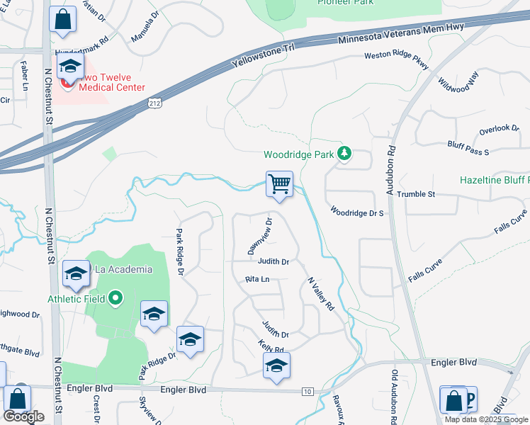 map of restaurants, bars, coffee shops, grocery stores, and more near 133 Judith Drive in Chaska