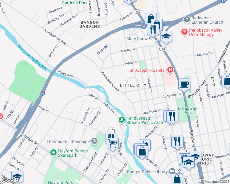 map of restaurants, bars, coffee shops, grocery stores, and more near 212 Kenduskeag Avenue in Bangor