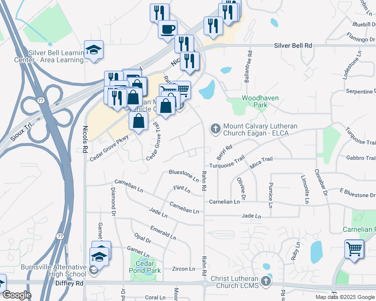 map of restaurants, bars, coffee shops, grocery stores, and more near 3912 Valley View Drive South in Eagan