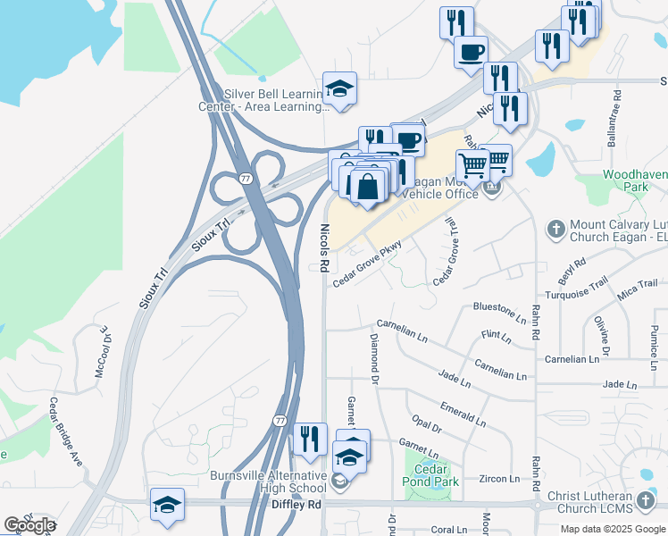 map of restaurants, bars, coffee shops, grocery stores, and more near 4040 Eagan Outlets Parkway in Eagan