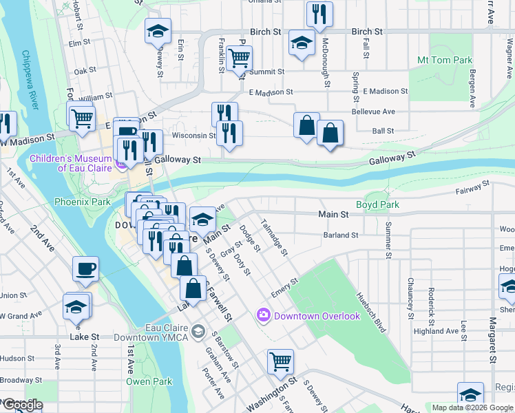 map of restaurants, bars, coffee shops, grocery stores, and more near 818 Main Street in Eau Claire