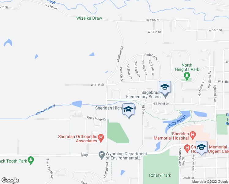 map of restaurants, bars, coffee shops, grocery stores, and more near 1980 Stadium Drive in Sheridan