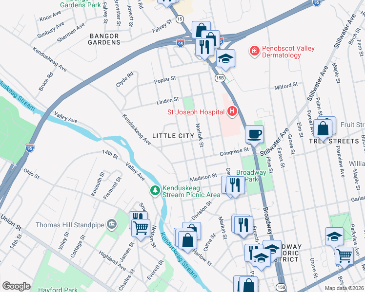 map of restaurants, bars, coffee shops, grocery stores, and more near 88 Fountain Street in Bangor