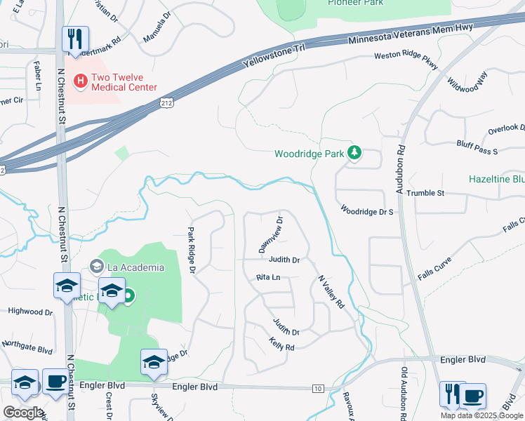 map of restaurants, bars, coffee shops, grocery stores, and more near 133 Judith Drive in Chaska