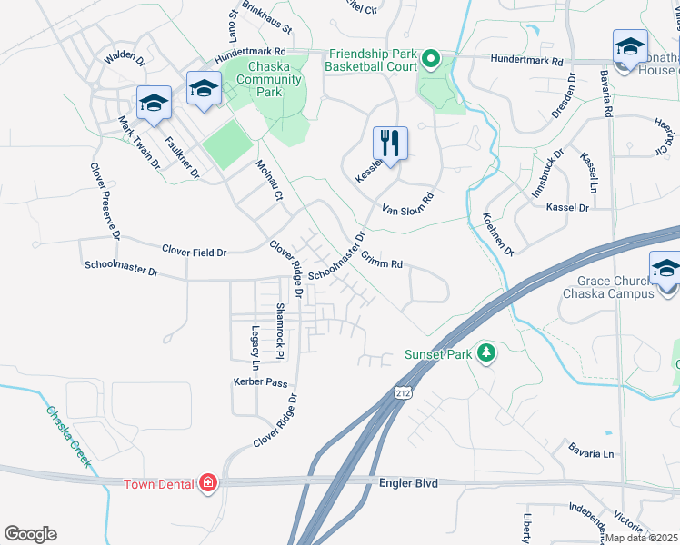 map of restaurants, bars, coffee shops, grocery stores, and more near 2048 Stahlke Way in Chaska