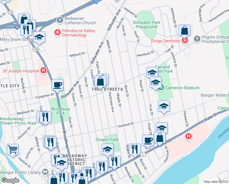 map of restaurants, bars, coffee shops, grocery stores, and more near 189 Maple Street in Bangor