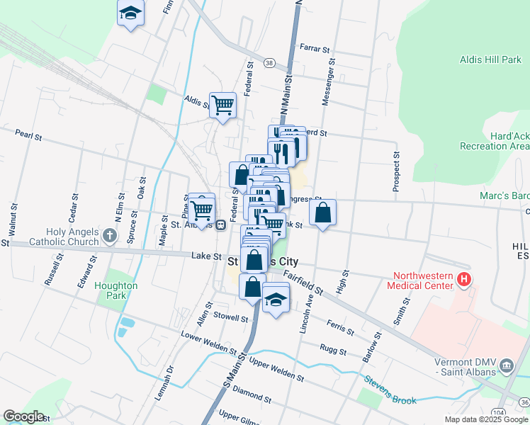 map of restaurants, bars, coffee shops, grocery stores, and more near 13 Center Street in Saint Albans City