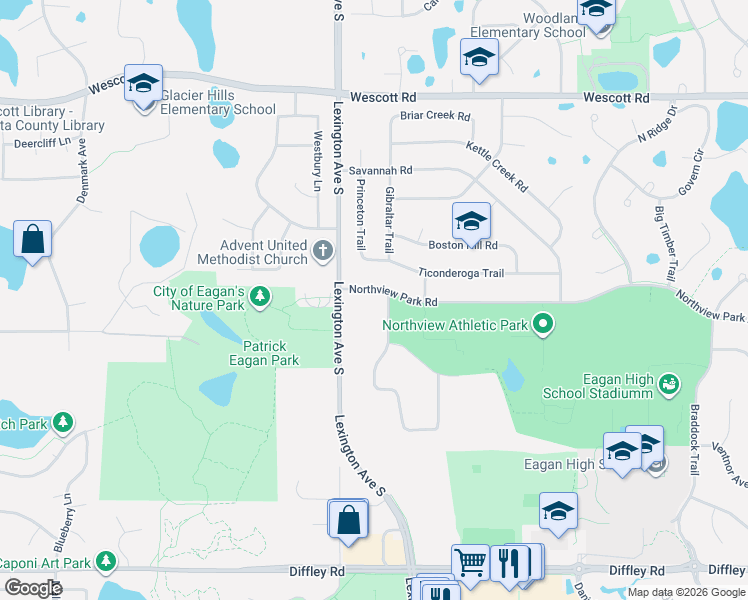 map of restaurants, bars, coffee shops, grocery stores, and more near 3965 Northview Terrace in Eagan