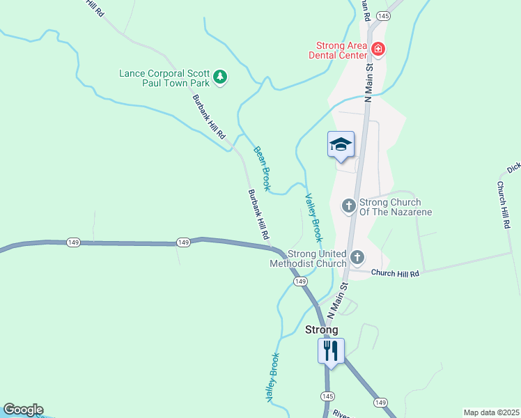 map of restaurants, bars, coffee shops, grocery stores, and more near 19 Burbank Hill Road in Strong