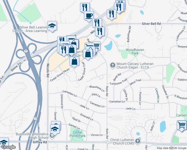 map of restaurants, bars, coffee shops, grocery stores, and more near 3923 Valley View Drive South in Eagan