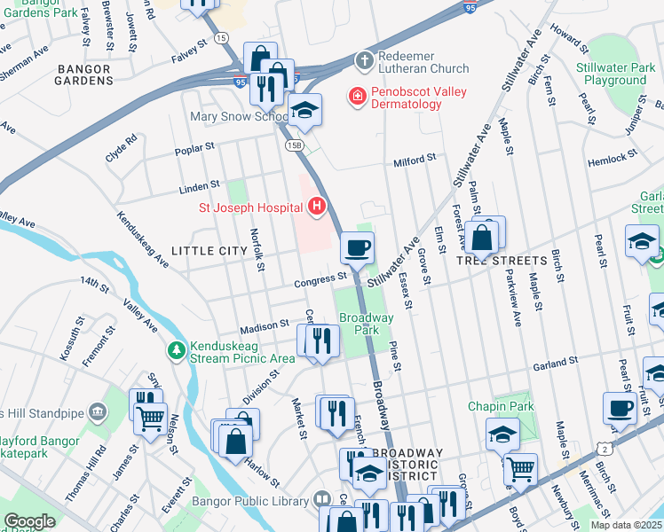 map of restaurants, bars, coffee shops, grocery stores, and more near 100 Congress Street in Bangor