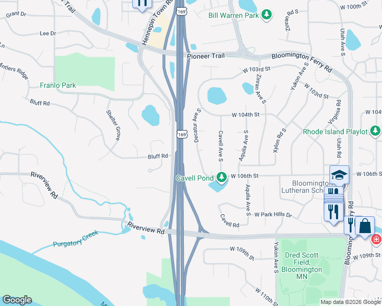 map of restaurants, bars, coffee shops, grocery stores, and more near 10520 Decatur Avenue South in Minneapolis