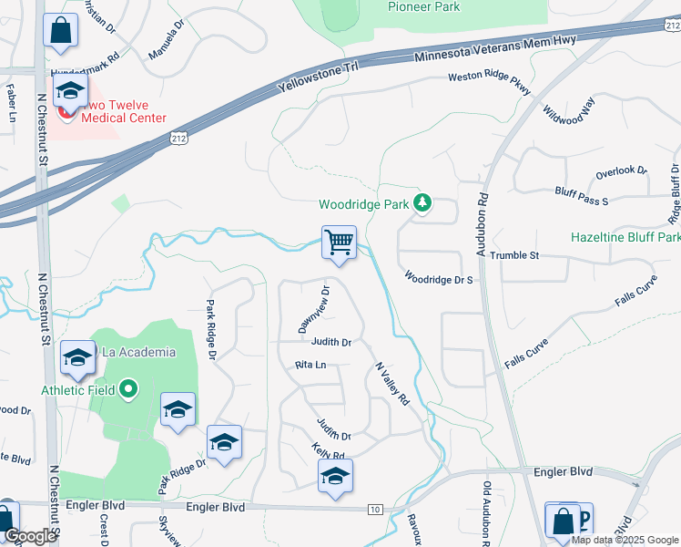map of restaurants, bars, coffee shops, grocery stores, and more near 176 Judith Drive in Chaska