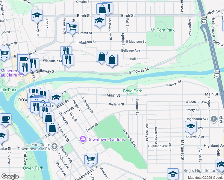 map of restaurants, bars, coffee shops, grocery stores, and more near 1016 Main Street in Eau Claire