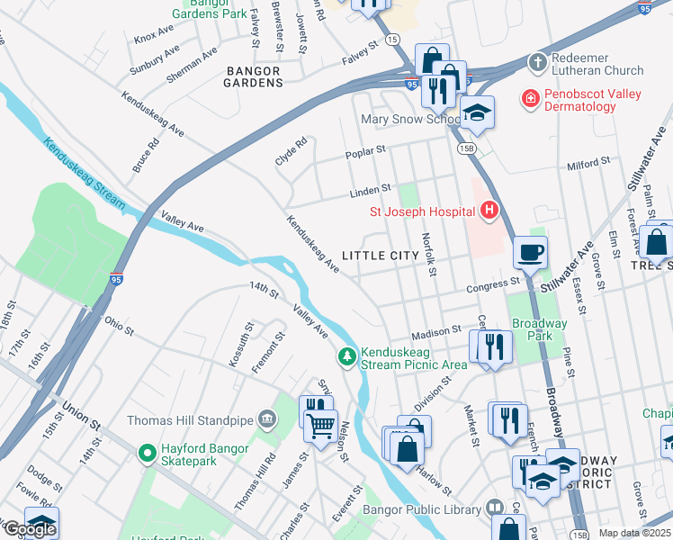 map of restaurants, bars, coffee shops, grocery stores, and more near 212 Kenduskeag Avenue in Bangor