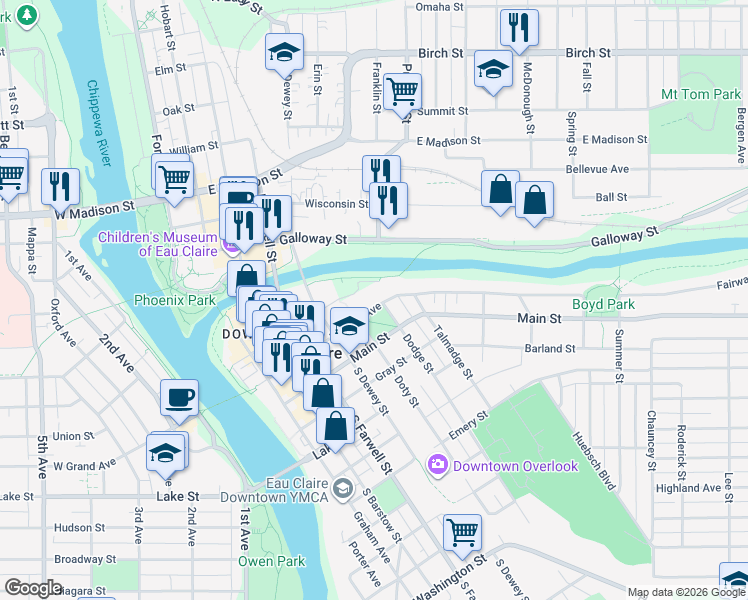 map of restaurants, bars, coffee shops, grocery stores, and more near 610 Main Street in Eau Claire