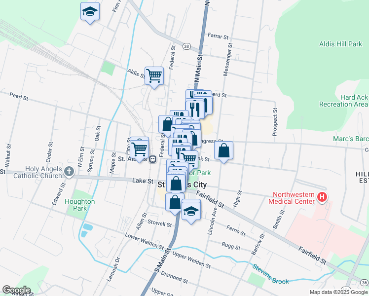 map of restaurants, bars, coffee shops, grocery stores, and more near 13 Center Street in Saint Albans City