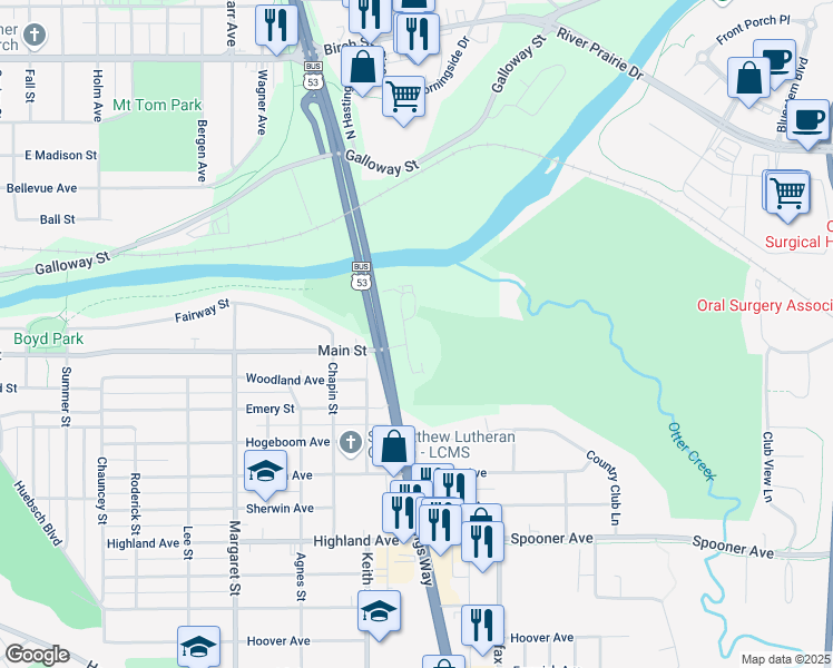 map of restaurants, bars, coffee shops, grocery stores, and more near 401 Pinnacle Way in Eau Claire