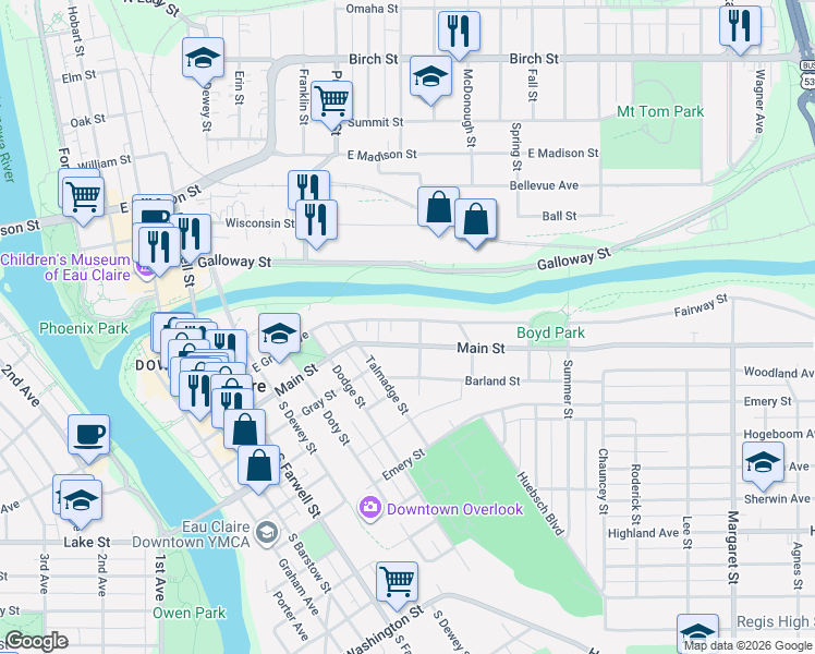map of restaurants, bars, coffee shops, grocery stores, and more near in Eau Claire