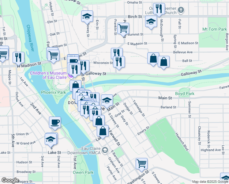 map of restaurants, bars, coffee shops, grocery stores, and more near 610 Main Street in Eau Claire