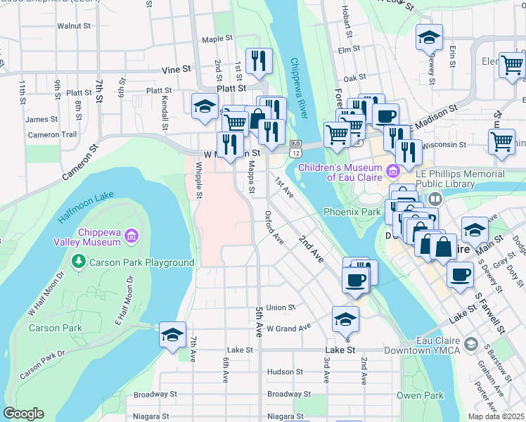 map of restaurants, bars, coffee shops, grocery stores, and more near 1231 Oxford Avenue in Eau Claire